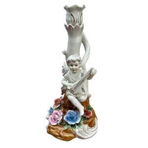 Vintage Antique Dresden Large Figural Porcelain Candlestick Boy Harp Flowers